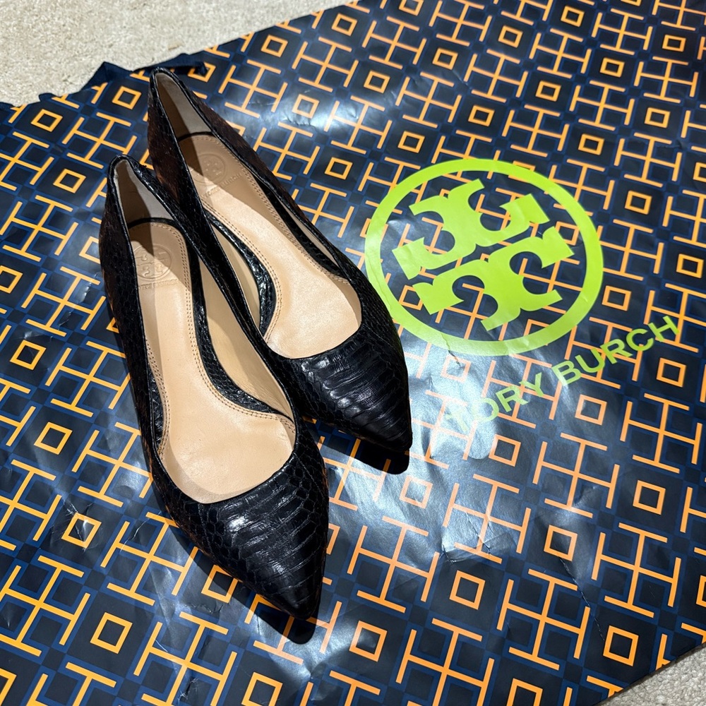 Tory Burch Black Embossed Leather & Gold Flats